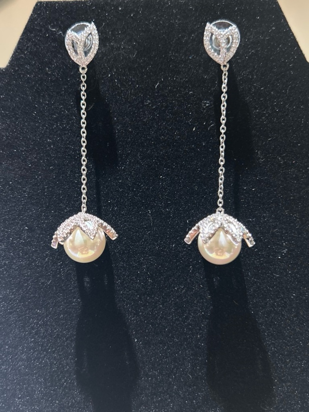 Elegant Silver color faux Pearl Drop Earrings with Crystal Accents